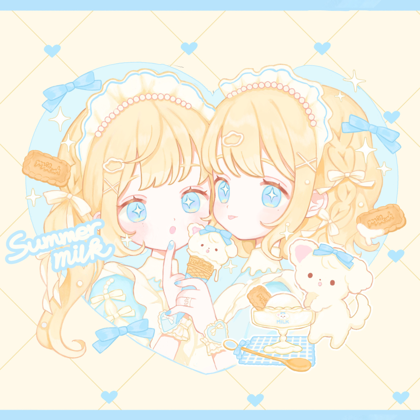 2girls, :o, absurdres, blonde_hair, blue_bow, blue_eyes, blue_nails, blush