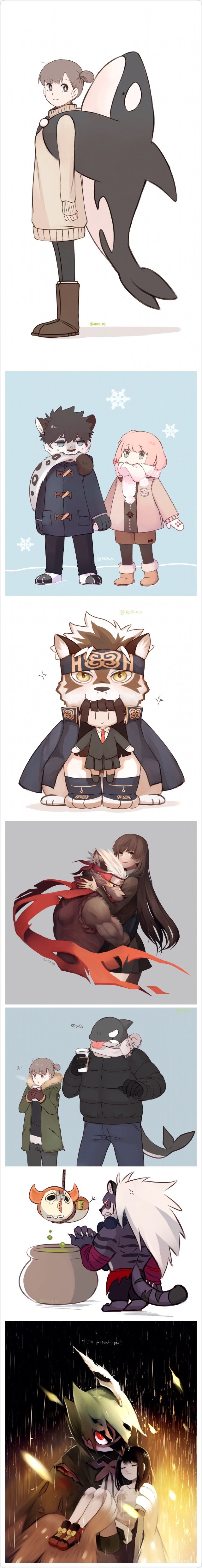 4girls, 5boys, absurdres, biting_own_tail, black_coat, black_gloves, black_hair, black_pantyhose, blue_coat, blue_eyes, boots, bound, bright_pupils, brown_boots, brown_hair, carrying, cauldron, coat, crrispy_shark, decidueye, dog_boy, furry, furry_male, furry_with_non-furry, gen_7_pokemon, gloves, green_coat, headband, hetero, highres, holding_hands, horkeu_kamui, interspecies, jacket, jacket_on_shoulders, long_image, looking_at_viewer, mittens, multiple_boys, multiple_girls, nintendo, orca_boy, original, pang_(sdorica), pantyhose, pokemon, princess_carry, protagonist_2_(housamo), puggi, red_scarf, scarf, sdorica, selene_(pokemon), stuffed_orca, tadatomo_(housamo), tail, tall_image, tied_up_(nonsexual), tokyo_houkago_summoners, tongue, tongue_out, white_hair, white_mittens, white_pupils, white_scarf, wolf_boy