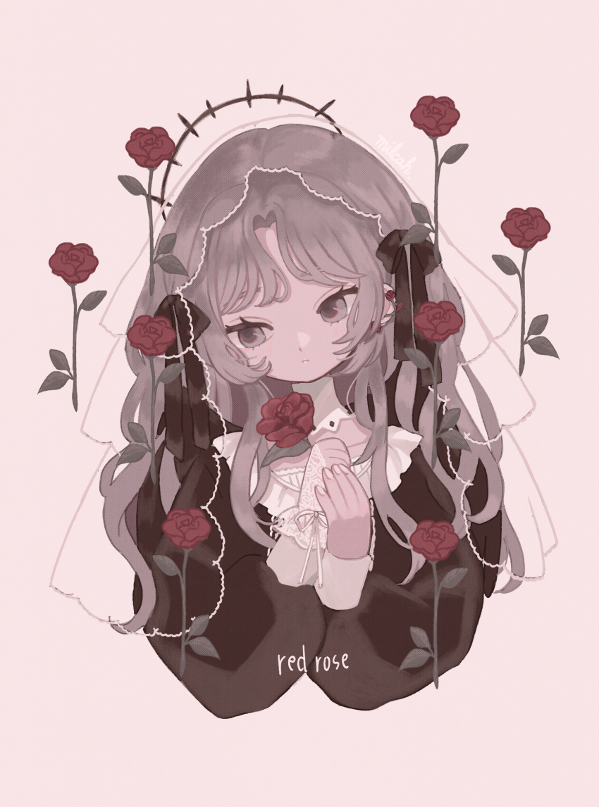 1girl, artist_name, bow, closed_mouth, eyelashes, fingernails, flower, gloves