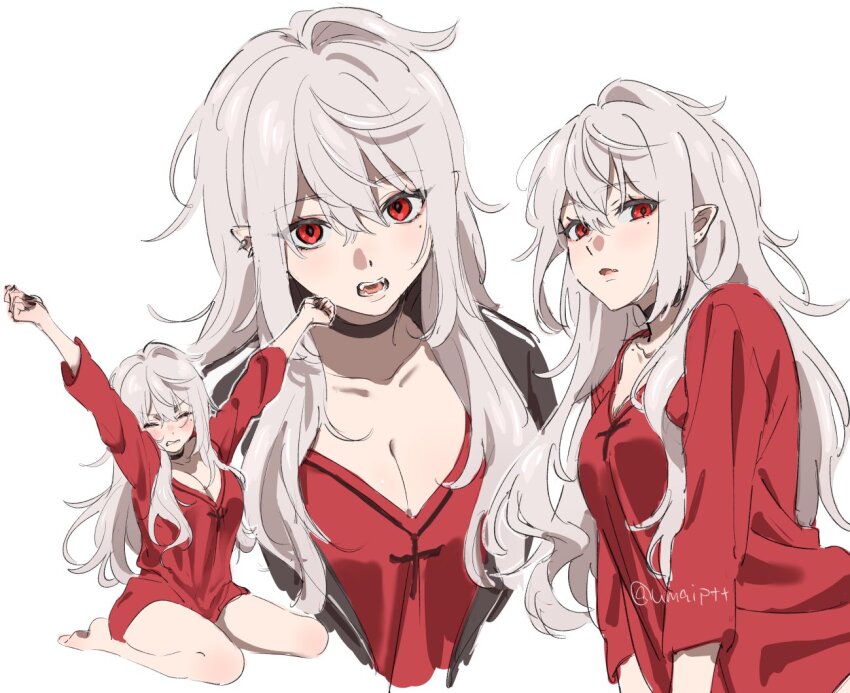 1girl, arms_up, barefoot, black_jacket, breasts, choker, cleavage, closed_mouth, collarbone, commentary, ear_piercing, fangs, fingernails, genderswap, genderswap_(mtf), grey_hair, hair_between_eyes, jacket, kuzuha_(nijisanji), long_hair, long_sleeves, messy_hair, multiple_views, nail_polish, nijisanji, no_pants, piercing, pointy_ears, red_eyes, red_shirt, sanya_(2nd_costume)_(nijisanji), sanya_(nijisanji), sharp_fingernails, shirt, simple_background, sitting, stretching, teeth, track_jacket, twitter_username, umapote, virtual_youtuber, wariza, white_background