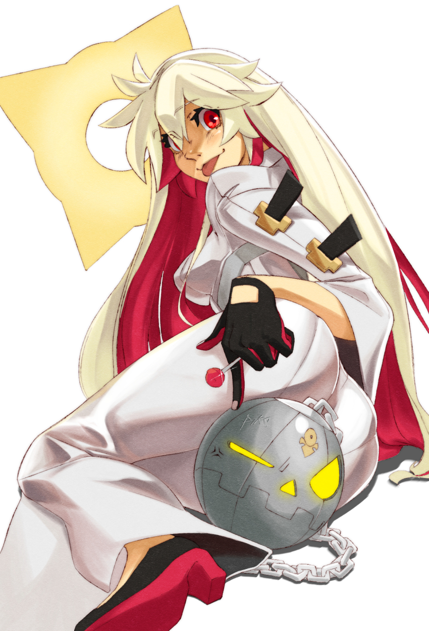 ball_and_chain_restraint, bell-bottoms, blizzardingpike, bodysuit, candy, fingernail_gloves, food, guilty_gear, guilty_gear_xrd, halo, highres, holding, holding_candy, holding_food, holding_lollipop, jack-o'_valentine, lollipop, long_hair, looking_at_viewer, lying, multicolored_hair, on_side, pants, red_eyes, spiked_halo, white_bodysuit, white_hair
