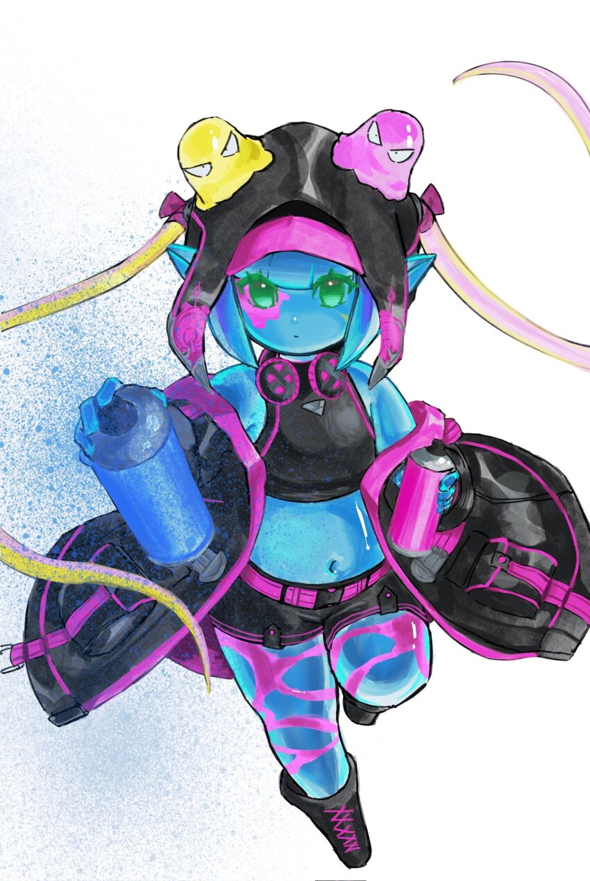 1girl, belt, black_boots, black_hat, black_jacket, black_shorts, blue_hair, blue_skin