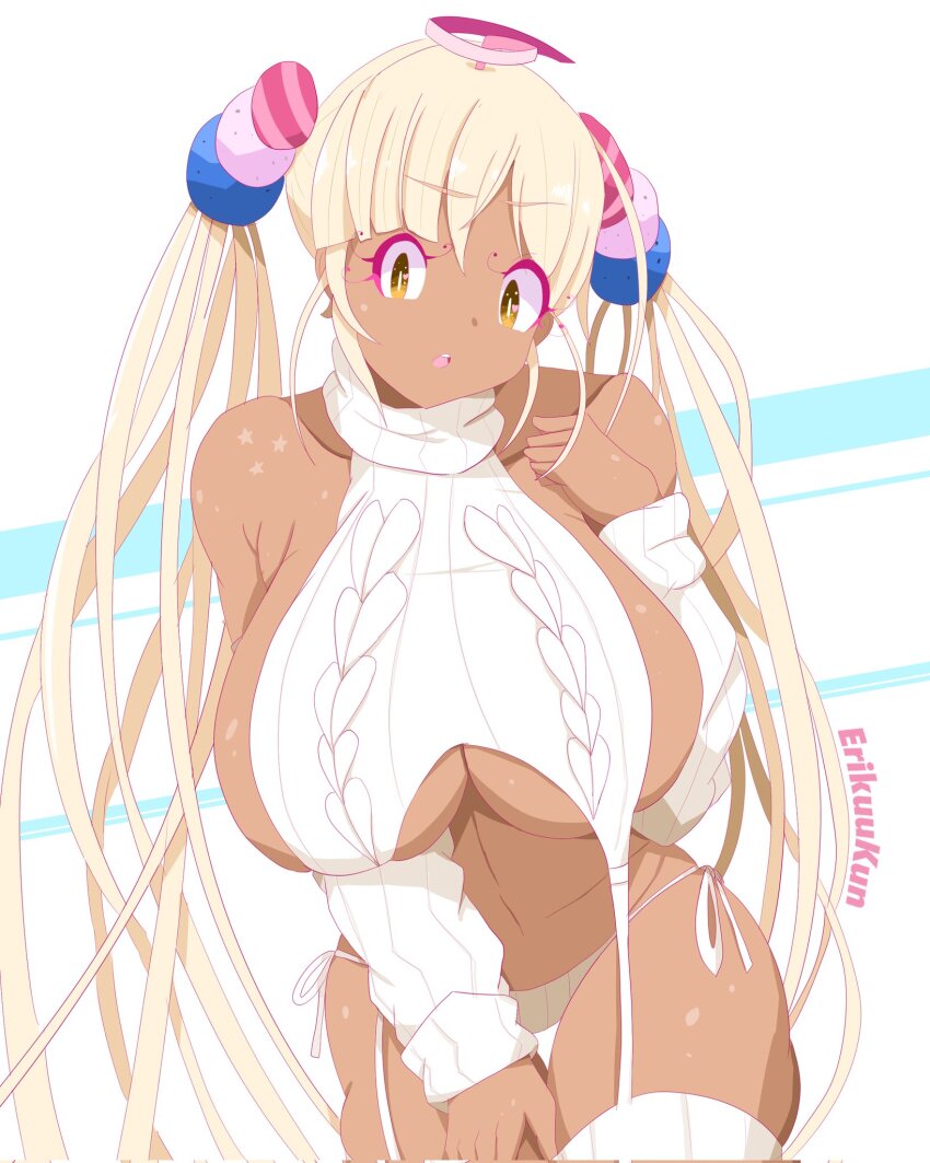 1girl, alternate_costume, artist_name, blonde_hair, breasts, cable_knit, commentary, dark-skinned_female
