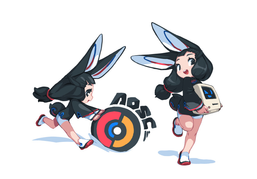 1girl, 2020, absurdres, anan-the_rabbit_girl, animal_ears, bike_shorts, black_dress, black_eyes, black_hair, chinese_clothes, chinese_commentary, commentary, dress, english_commentary, furry, furry_female, highres, krita_(medium), long_hair, long_sleeves, mascot, multiple_views, original, pankou, rabbit, rabbit_ears, rabbit_tail, running, shoes, sneakers, spirit_animals_in_disguise, standing, standing_on_one_leg, tail, tyson_tan, white_shoes