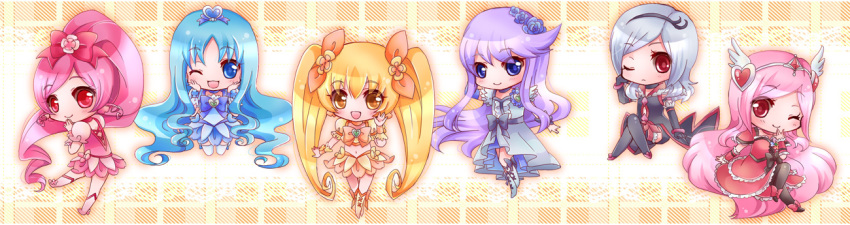 00s, 10s, 6+girls, black_gloves, black_legwear, black_neckwear, blonde_hair, blue_eyes