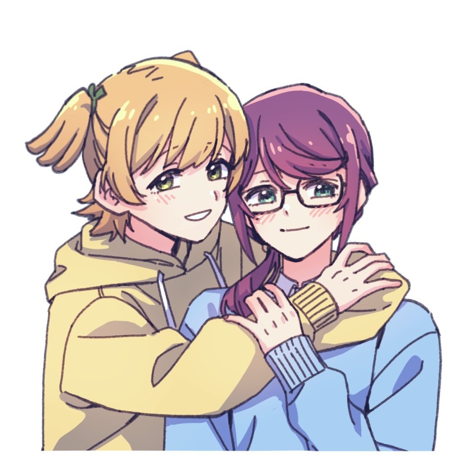 2girls, arm_around_shoulder, arm_at_side, black-framed_eyewear, blonde_hair, blue_sweater, blush, byugwaeng_deokjilgye, commentary_request, cropped_torso, daiba_nana, drawstring, glasses, green_eyes, green_ribbon, grin, hair_ribbon, hand_on_another's_hand, hand_up, hands_up, heads_together, hood, hood_down, hoodie, hoshimi_junna, hug, korean_commentary, long_sleeves, looking_at_viewer, low_ponytail, low_side_ponytail, multiple_girls, parted_lips, ponytail, purple_hair, ribbon, short_twintails, shoujo_kageki_revue_starlight, side_ponytail, simple_background, sleeves_past_wrists, smile, sweater, twintails, upper_body, white_background, yellow_hoodie, yuri