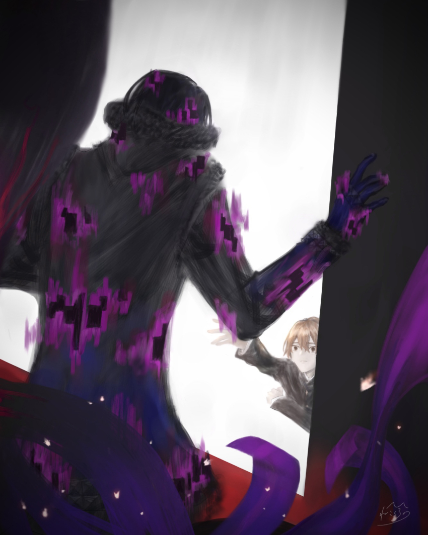 2boys, black_hair, black_shadow_(fate), brown_hair, coat, dying, fate/extra, fate/extra_ccc, fate_(series), gloves, highres, julius_belkisk_harway, kishinami_hakuno_(male), krn_xv, male_focus, multiple_boys, school_uniform, shirt, short_hair, signature, spoilers, tsukumihara_academy_uniform_(fate/extra_ccc)