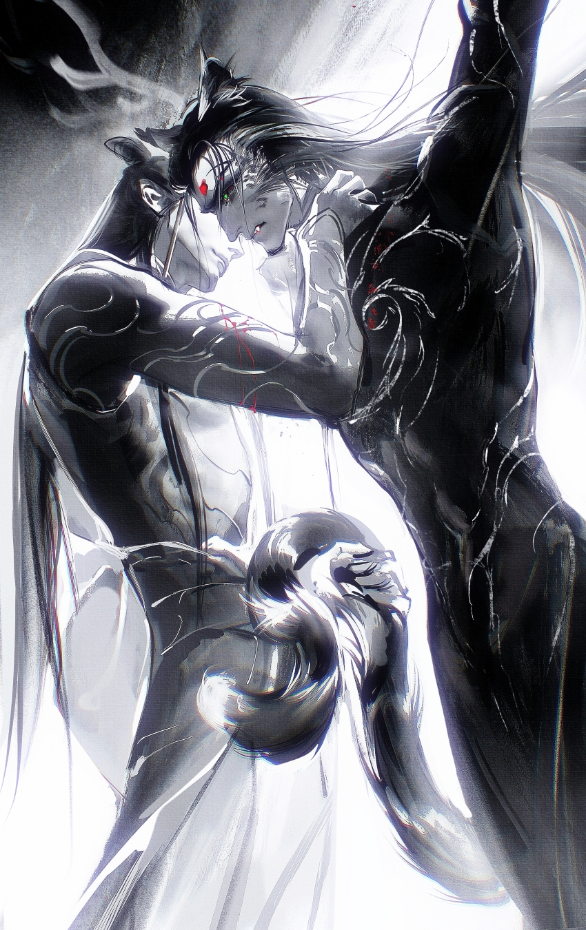 2boys, absurdres, animal_ears, antlers, black_hair, bodysuit, chinese_clothes, chinese_commentary, cyano-ra, deer_boy, eye_contact, face-to-face, facial_mark, feet_out_of_frame, from_side, furry, furry_male, green_eyes, highres, horns, leopard_boy, leopard_ears, leopard_tail, long_hair, looking_at_another, lutong_(nezha_zhi_motong_jiangshi), male_focus, monochrome, monster_boy, multiple_boys, muscular, muscular_male, nezha_zhi_motong_jiangshi, open_mouth, profile, scales, shen_gongbao_(nezha_zhi_motong_jiangshi), spot_color, standing, tail, very_long_hair, yaoi