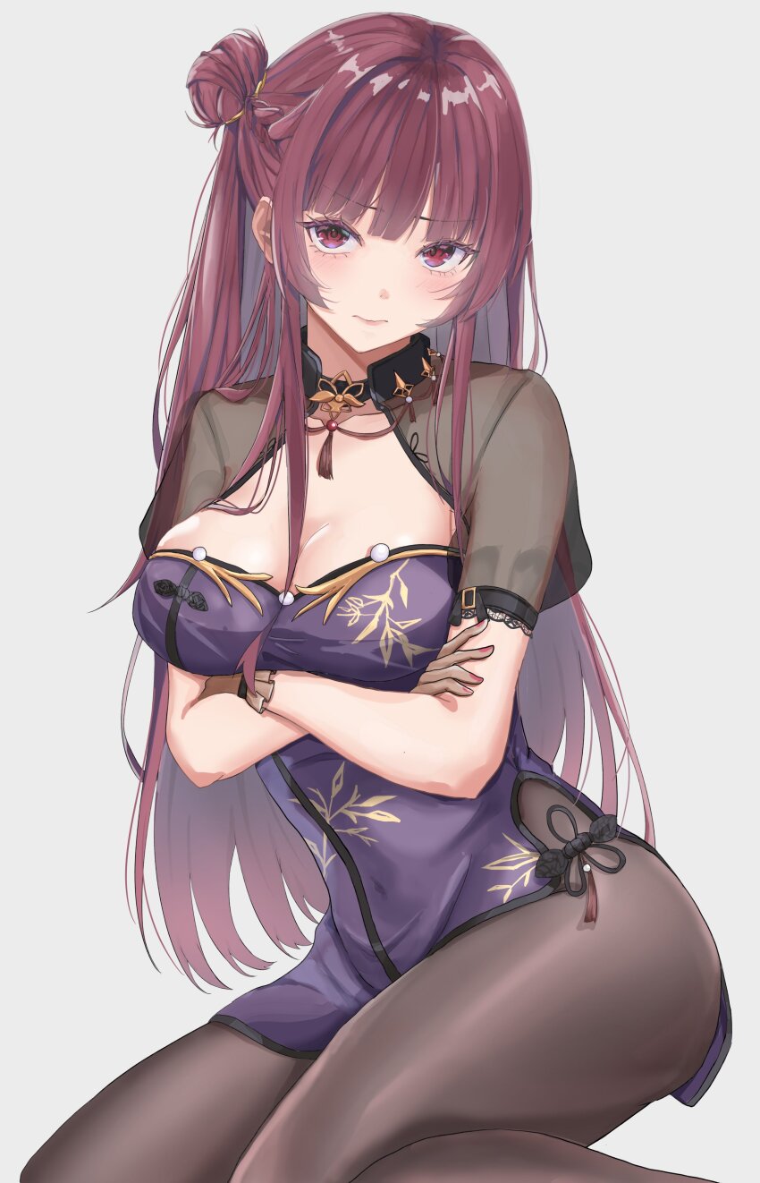 1girl, absurdres, black_gloves, black_pantyhose, breasts, china_dress, chinese_clothes, commentary_request