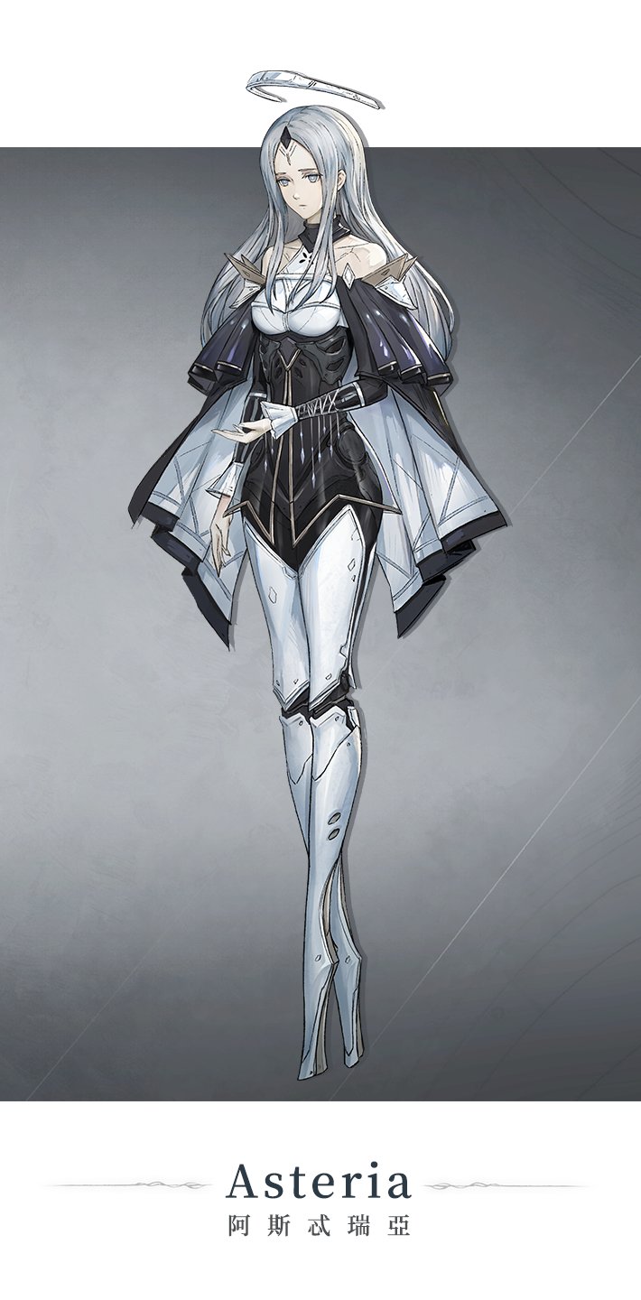 1girl, ai_limit, android, asteria_(ai_limit), bare_shoulders, breasts, character_name, collarbone, facial_mark, forehead_mark, framed_breasts, grey_background, halo, highres, long_hair, long_legs, long_sleeves, mechanical_halo, mechanical_legs, official_art, pale_skin, see-through_clothes, simple_background, small_breasts, solo, two-tone_background, white_background, white_hair, white_halo