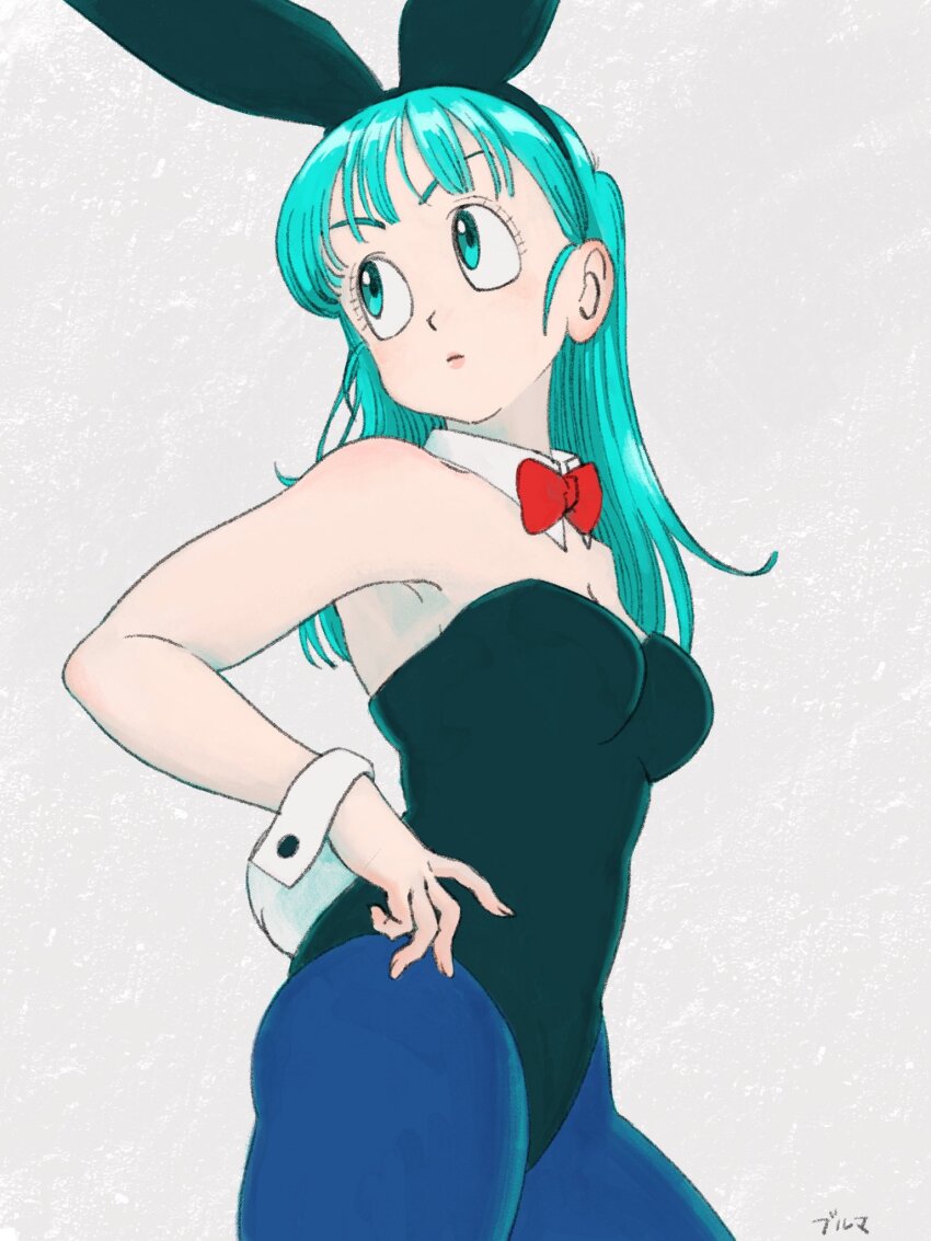 animal_ears, aqua_hair, black_leotard, bow, bowtie, bulma, detached_collar, dragon_ball, dragon_ball_(classic), fake_animal_ears, highres, leotard, long_hair, na1gahama, playboy_bunny, rabbit_ears, red_bow, red_bowtie, strapless, strapless_leotard, wrist_cuffs