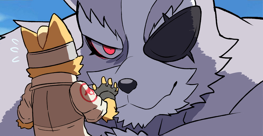 2boys, animal_ears, black_gloves, blue_sky, commentary, did_you_want_to_talk?_(meme), english_commentary, eyepatch