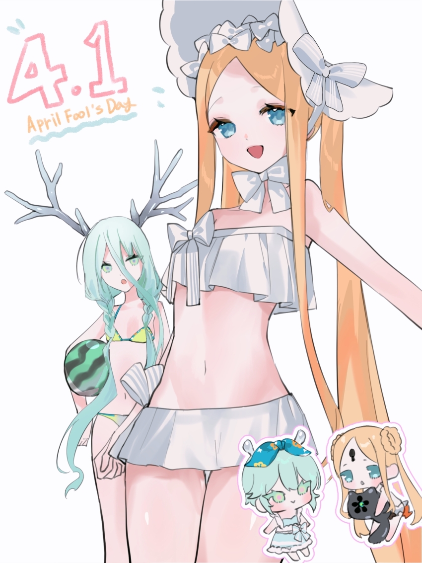2girls, abigail_williams_(fate), abigail_williams_(swimsuit_foreigner)_(fate), abigail_williams_(swimsuit_foreigner)_(second_ascension)_(fate), abigail_williams_(swimsuit_foreigner)_(third_ascension)_(fate), antlers, bare_shoulders, bikini