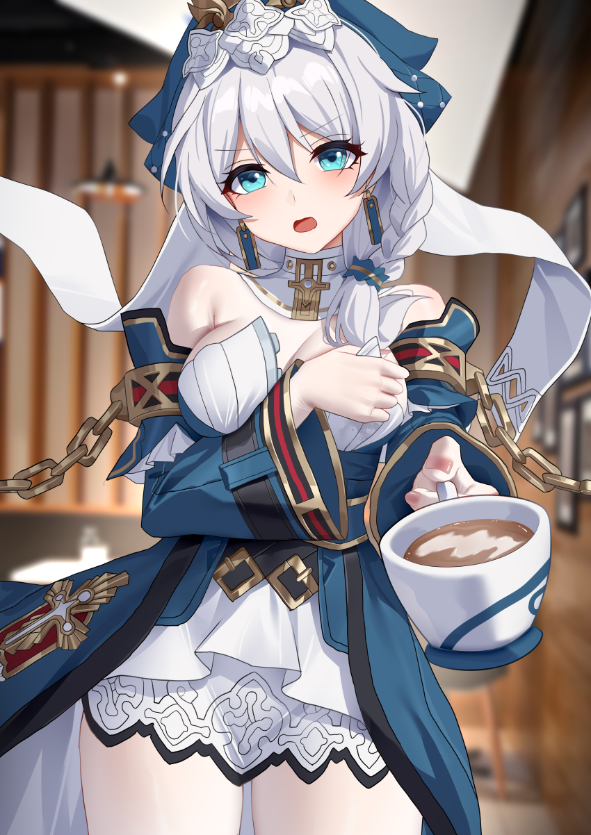 1girl, absurdres, aged_up, alternate_breast_size_(larger), blue_dress, blue_eyes, blue_headdress, blurry