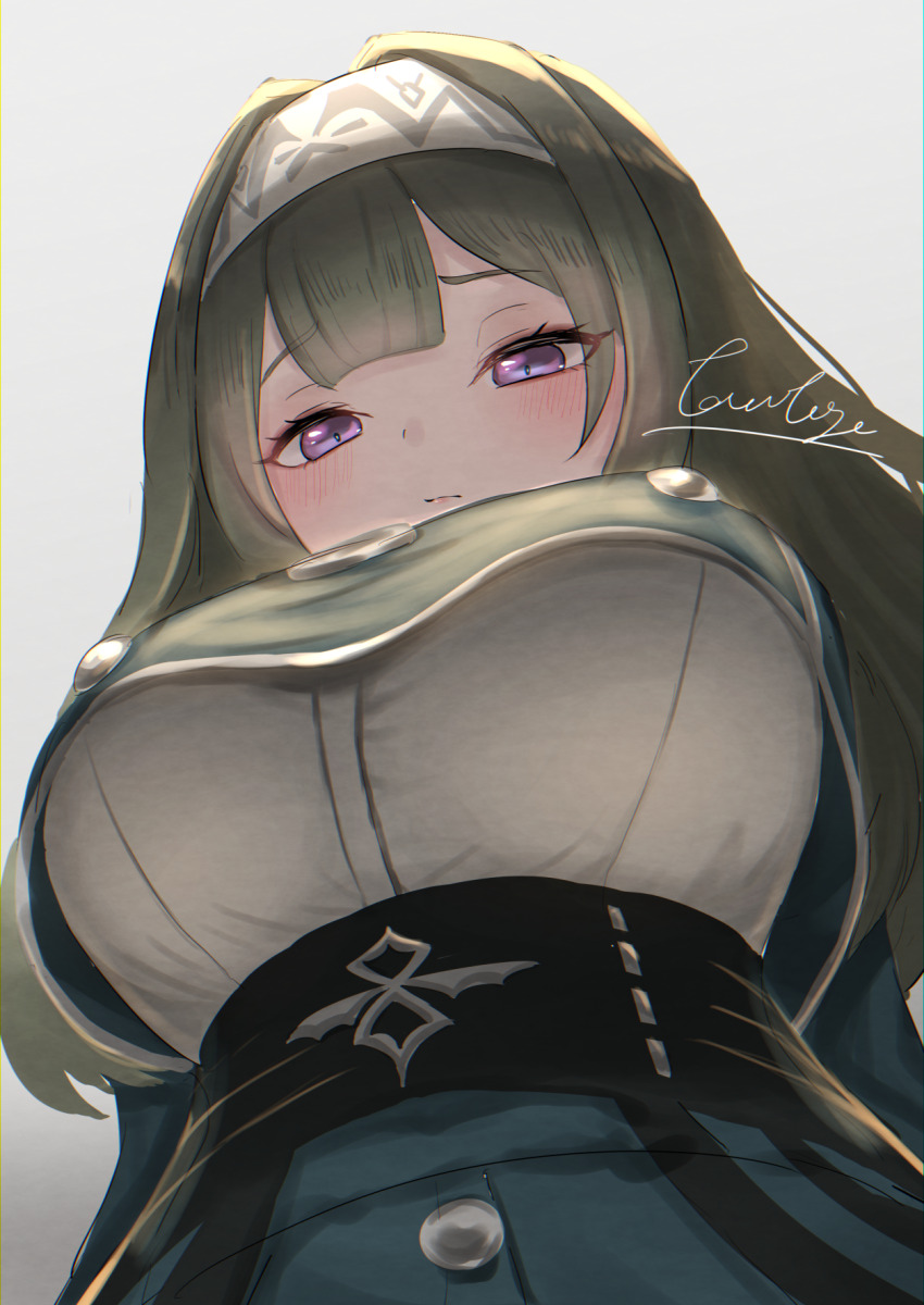 1girl, blush, breasts, brown_hair, duel_monster, exosister_irene, from_below, hairband