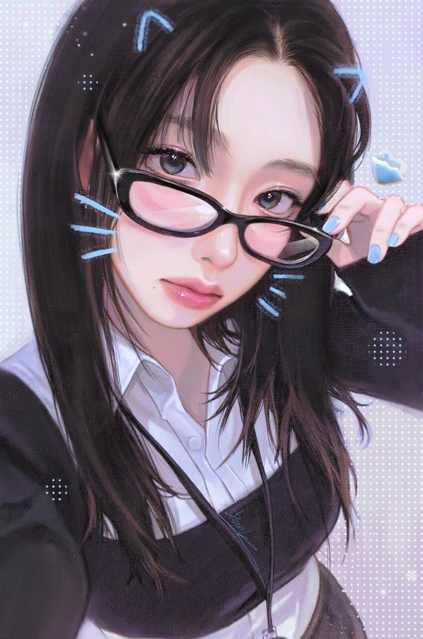 1girl, absurdres, adjusting_eyewear, aespa, black_hair, black_pants, blue_eyes, blue_nails, blush, collared_shirt, commentary, devilzong, drawn_whiskers, expressionless, glasses, hand_on_eyewear, head_tilt, heart, highres, jewelry, k-pop, karina_(aespa), long_hair, looking_at_viewer, necklace, pants, real_life, shirt, sleeves_past_wrists, solo, untranslatable_commentary