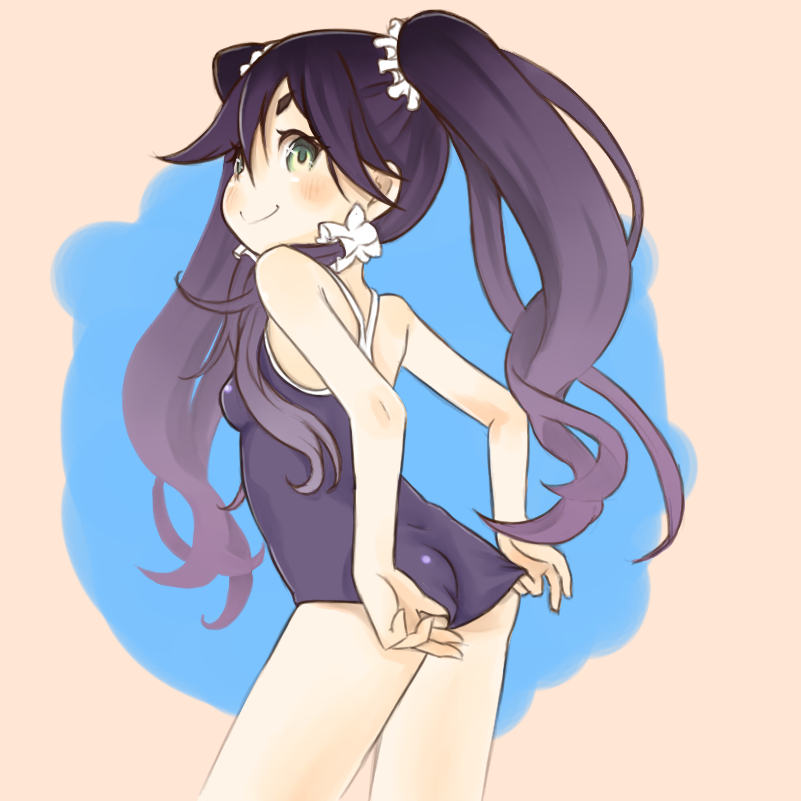 1girl, adjusting_clothes, adjusting_swimsuit, ass, bare_shoulders, breasts, clothes_pull, commentary_request