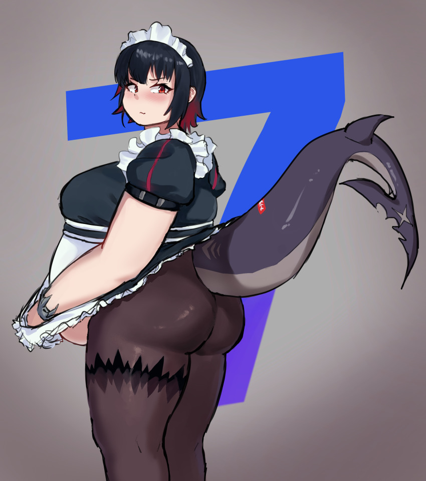 1girl, absurdres, alternate_body_size, ass, big_belly, black_hair, black_pantyhose, black_shirt