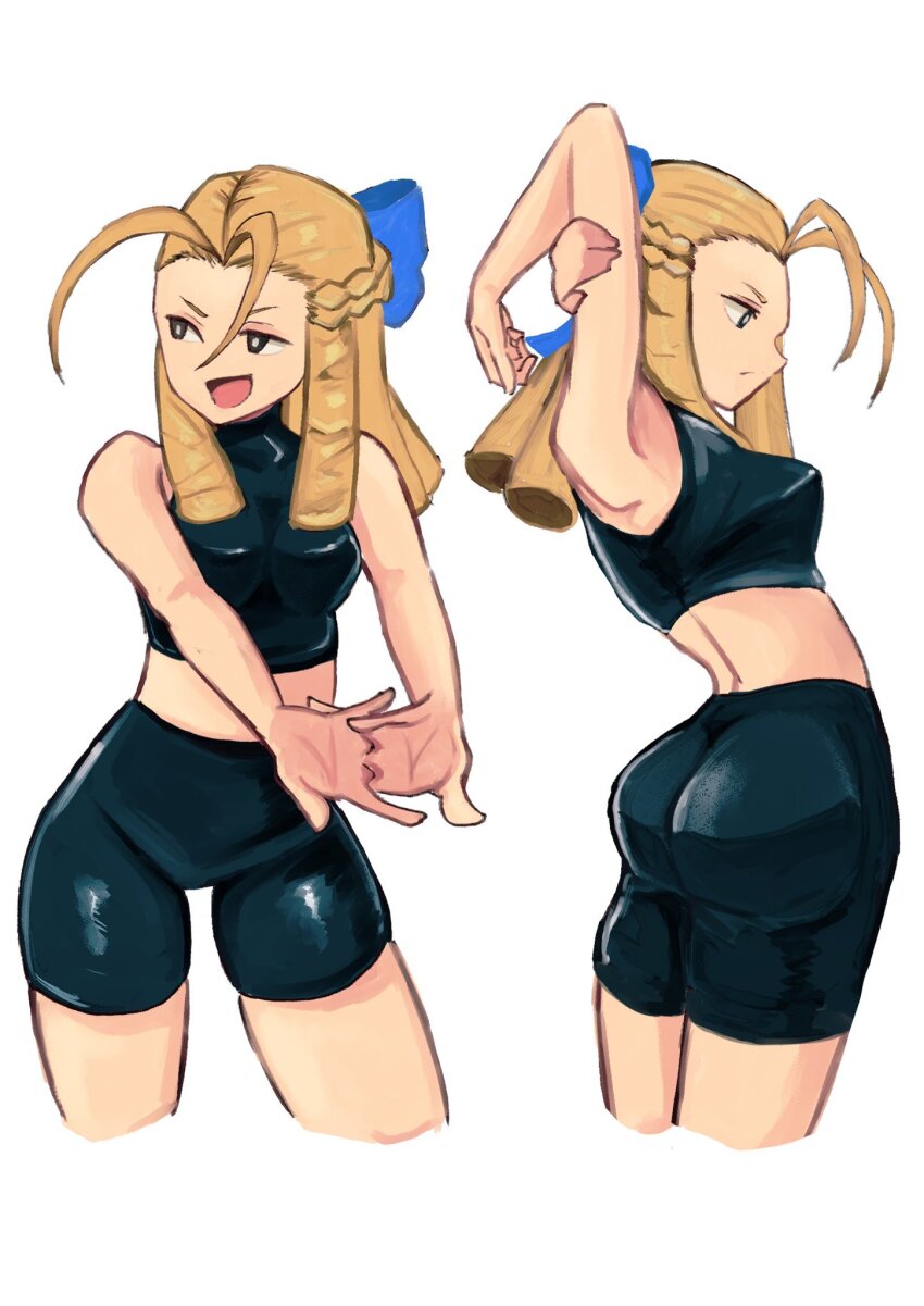 1girl, ass, back, bike_shorts, blonde_hair, blue_ribbon, capcom, cracking_knuckles