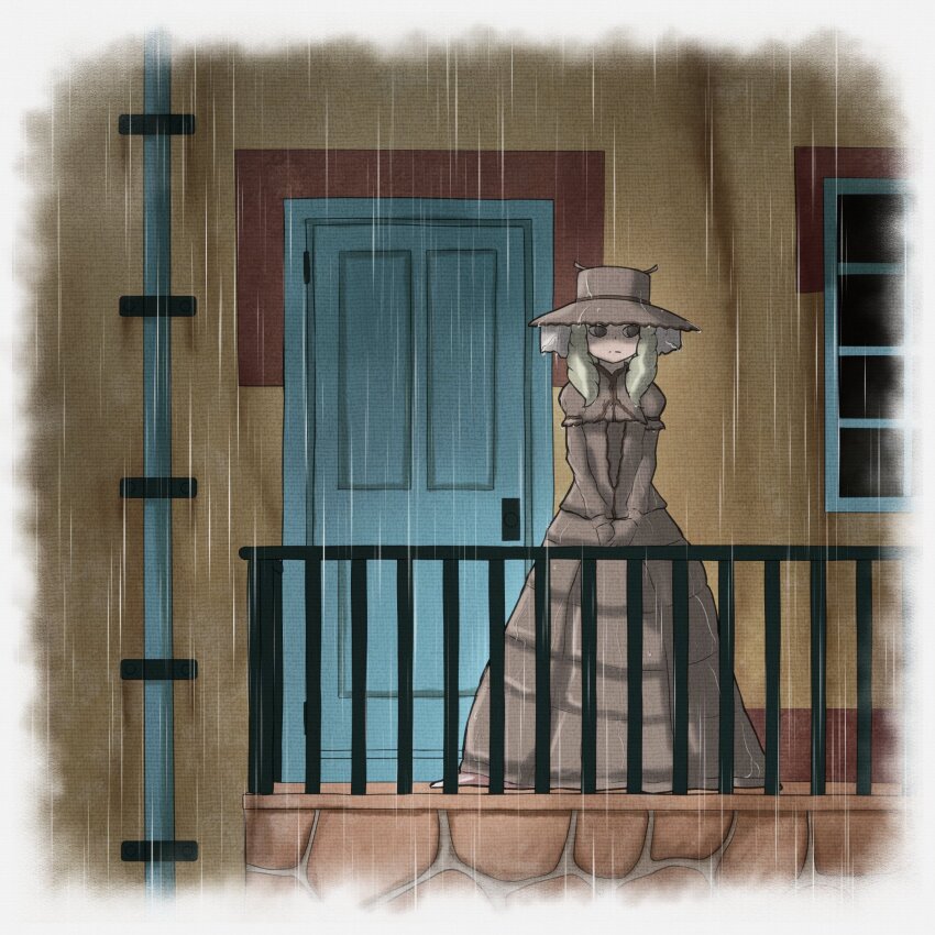 1girl, black_eyes, blonde_hair, brown_capelet, brown_dress, brown_gloves, brown_hat, capelet