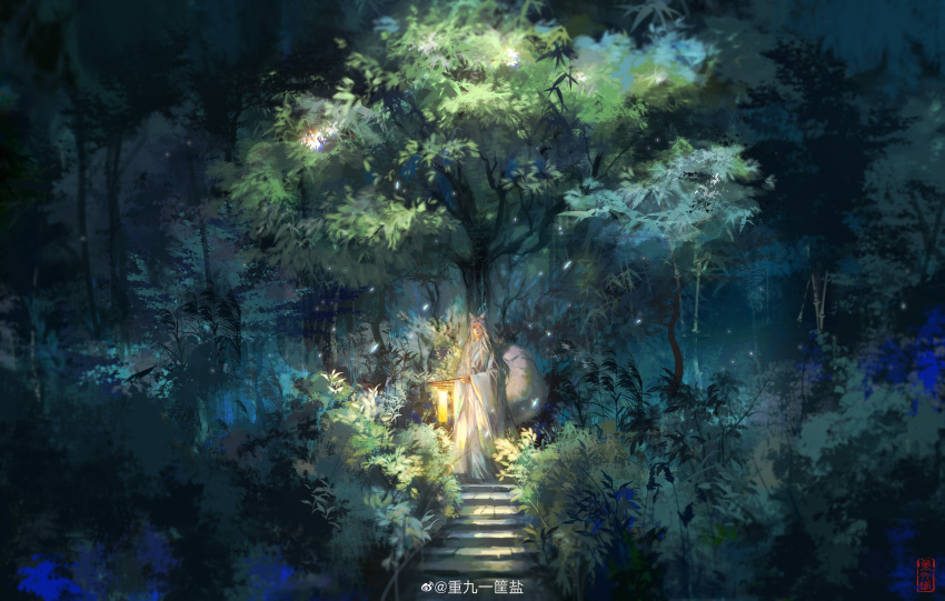 1boy, absurdres, animal_ears, aqua_coat, bush, chinese_clothes, chinese_commentary, chongjiu_yi_kuang_yan