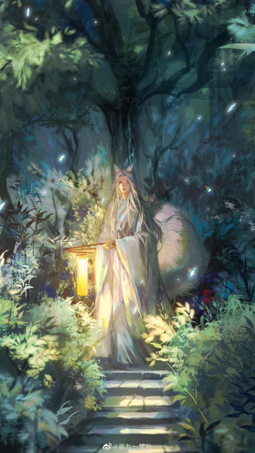 1boy, absurdres, animal_ears, aqua_coat, bush, chinese_clothes, chinese_commentary, chongjiu_yi_kuang_yan