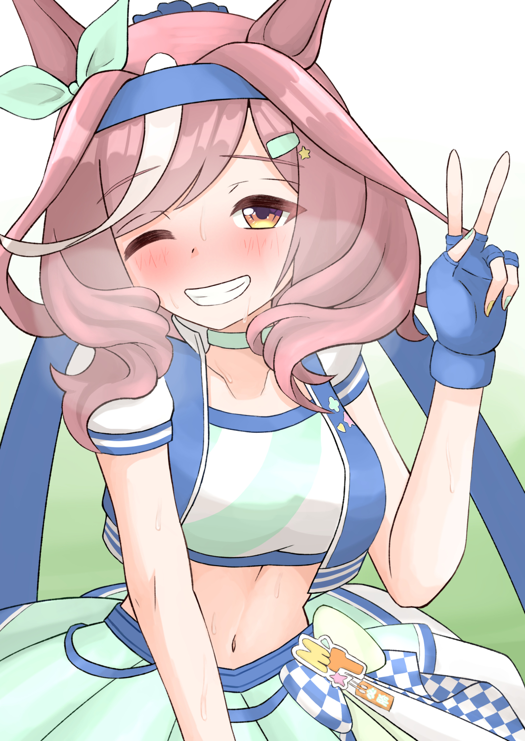 1girl, animal_ears, blue_gloves, blue_headband, blush, bow, breasts, brown_hair