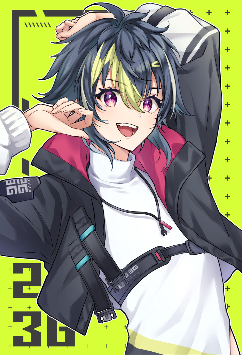 1boy, :d, antenna_hair, arm_up, black_hair, black_jacket, blush, commentary_request