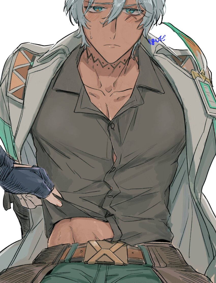 2boys, belt, black_gloves, black_shirt, blush, button_gap, closed_mouth, clothes_lift, collarbone, collared_shirt, commentary_request, dark-skinned_male, dark_skin, feathers, fingerless_gloves, genshin_impact, gloves, green_pants, hair_between_eyes, hat, highres, hoshida_(216), id_card, ifa_(genshin_impact), jacket, lapels, male_focus, multiple_boys, neck_tattoo, open_clothes, open_jacket, ororon_(genshin_impact), pants, scar, scar_across_eye, scar_on_face, shirt, shirt_lift, shirt_partially_tucked_in, simple_background, solo_focus, sweatdrop, tassel, tattoo, toned, toned_male, upper_body, veins, white_background, white_hair, white_jacket, yaoi