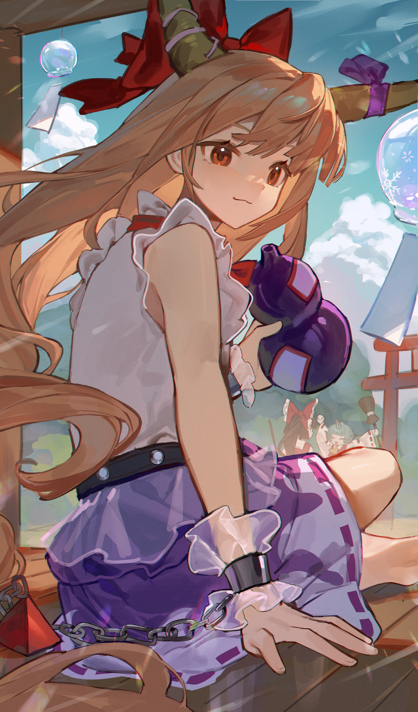 3girls, :3, absurdres, arms_up, barefoot, belt, black_belt, blue_sky, bow, bowtie, broom, brown_horns, chain, closed_mouth, cloud, cloudy_sky, commentary, cuffs, ender_xiaohai, frilled_cuffs, gourd, hair_bow, hakurei_reimu, hakurei_shrine, highres, holding, holding_broom, holding_gourd, horn_ornament, horn_ribbon, horns, ibuki_suika, komano_aunn, long_hair, mixed-language_commentary, multiple_girls, orange_eyes, orange_hair, purple_ribbon, pyramid_(geometry), red_bow, red_bowtie, ribbon, shackles, shirt, sitting, sky, sleeveless, sleeveless_shirt, soles, solo_focus, torii, touhou, two-tone_skirt, very_long_hair, white_shirt, wind_chime