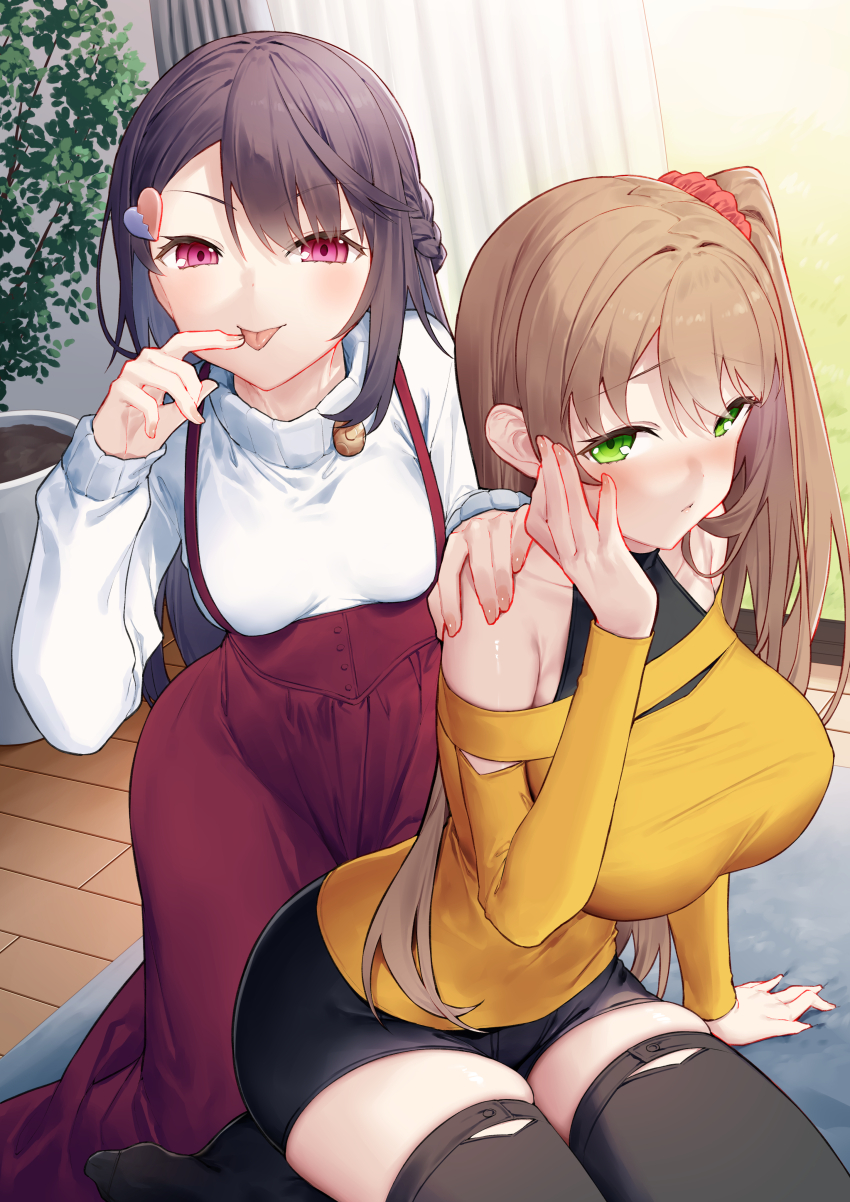 2girls, :p, absurdres, black_hair, black_shorts, black_thighhighs, braid, breasts