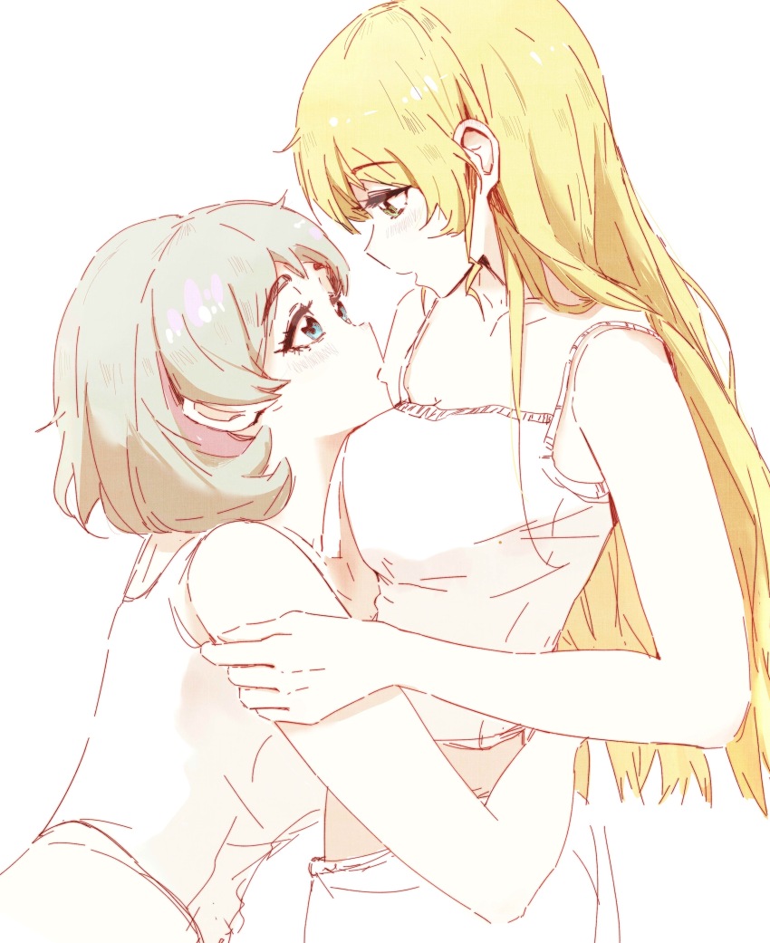 2girls, absurdres, blonde_hair, blue_eyes, breasts, camisole, commentary_request, eye_contact