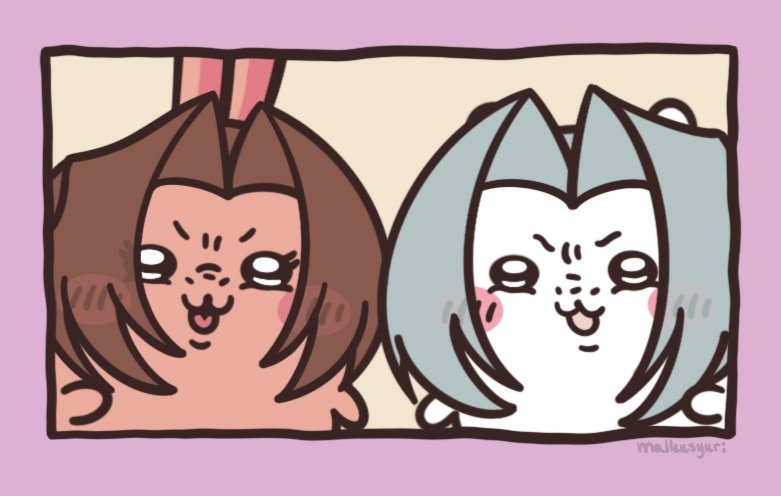 1boy, 1girl, :3, aerith_gainsborough, angry, animalization, blush, blush_stickers, brown_hair, chibikemo, chiikawa, chiikawa_(character), chiikawa_(character)_(cosplay), commentary, cosplay, creature, creature_focus, english_commentary, eyelashes, final_fantasy, final_fantasy_vii, grey_hair, long_hair, malleusyuri, open_mouth, parted_bangs, sephiroth, short_hair