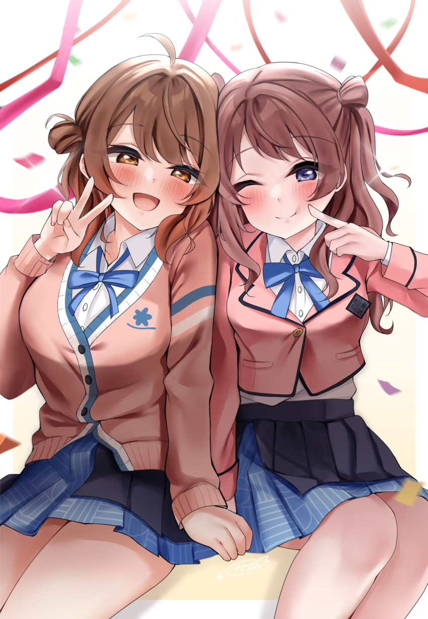 2girls, ;), aamesawaa, absurdres, ahoge, black_overskirt, blazer, blue_ribbon