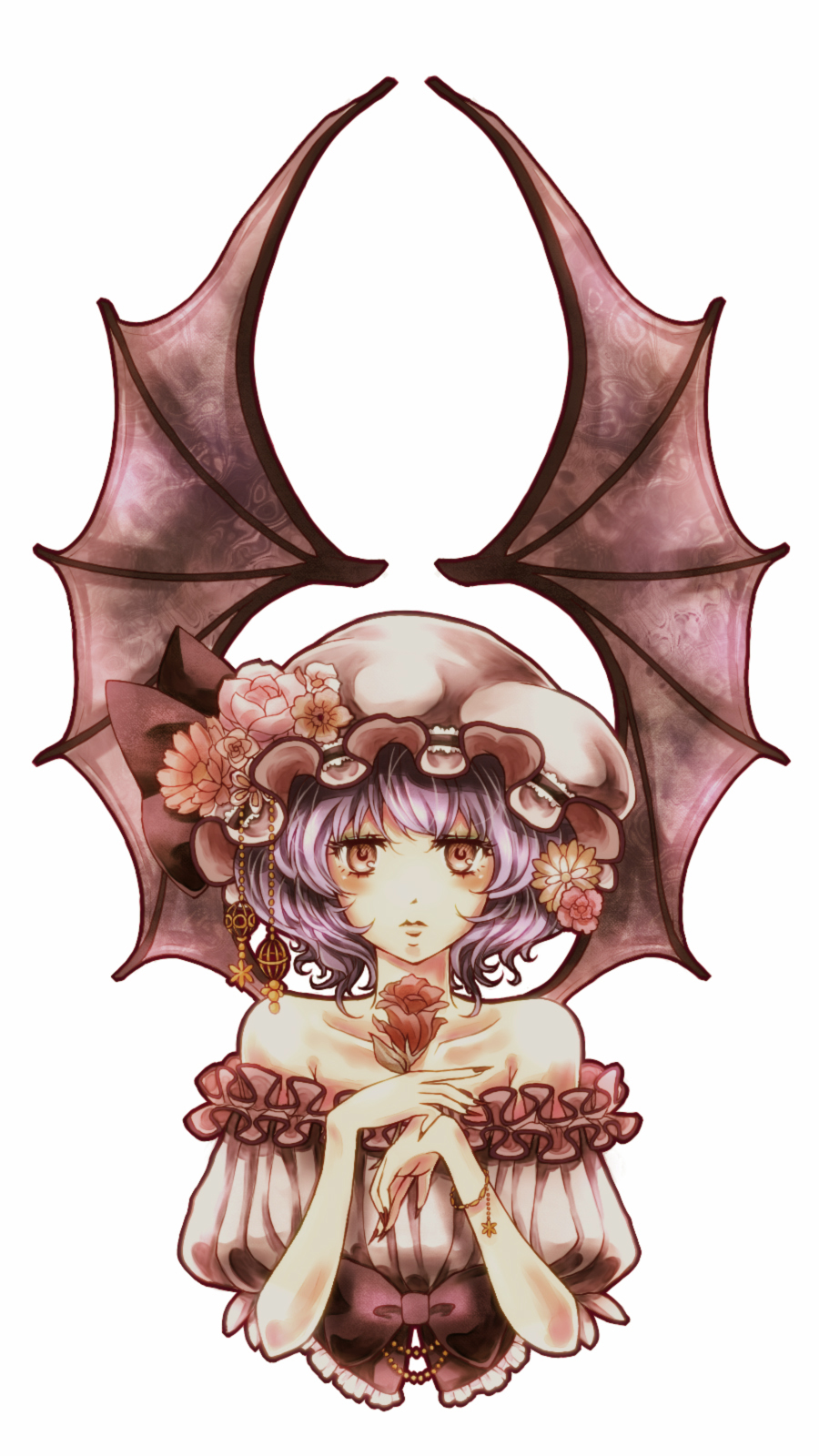 1girl, bare_shoulders, female_focus, fingernails, flower, hat, highres, long_fingernails, namu_(artist), namuko, red_eyes, red_flower, red_rose, remilia_scarlet, rose, solo, touhou, wings