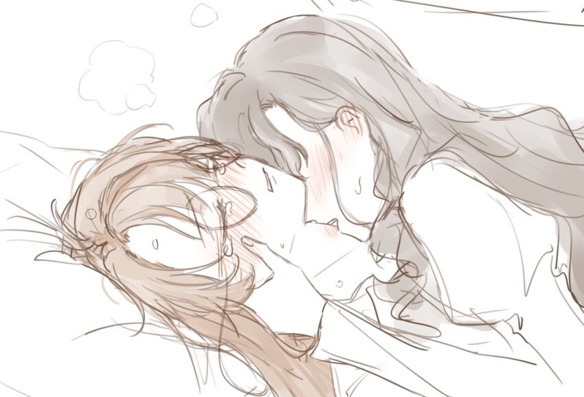 2girls, black_hair, brown_hair, closed_eyes, commentary_request, dress, f_et, glasses