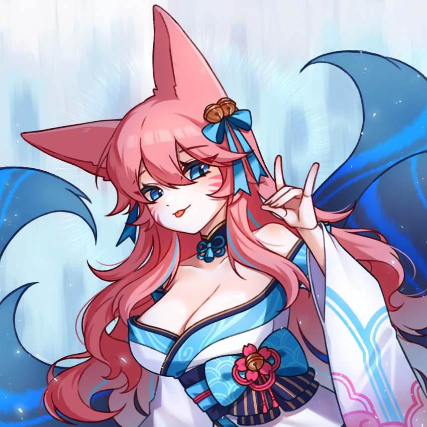 1girl, :p, ahri_(league_of_legends), animal_ears, bare_shoulders, bell, black_collar, blue_bow