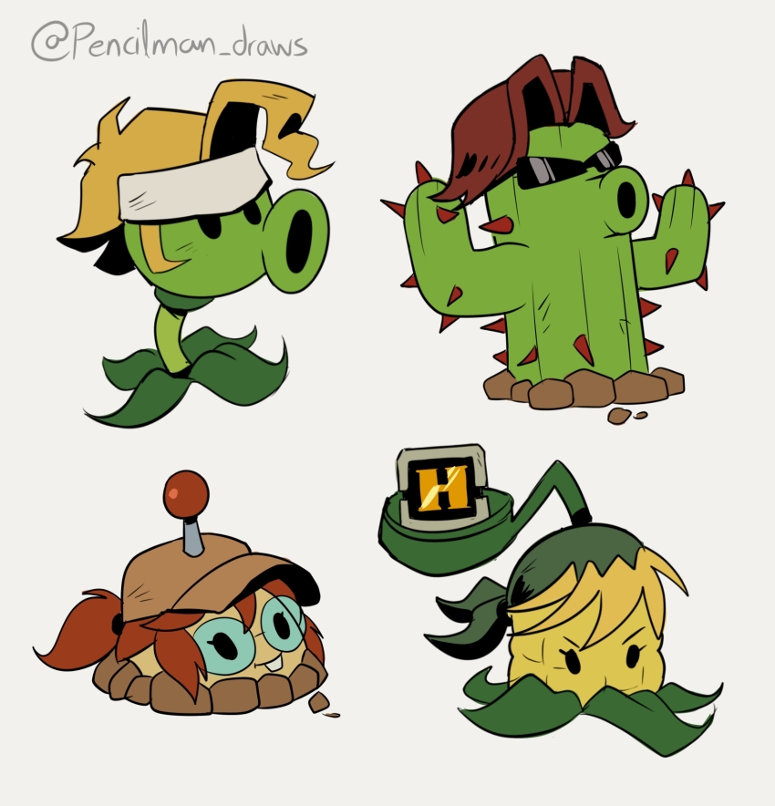 2boys, 2girls, bandana, blonde_hair, brown_hair, brown_hat, cactus_(plants_vs._zombies), commentary