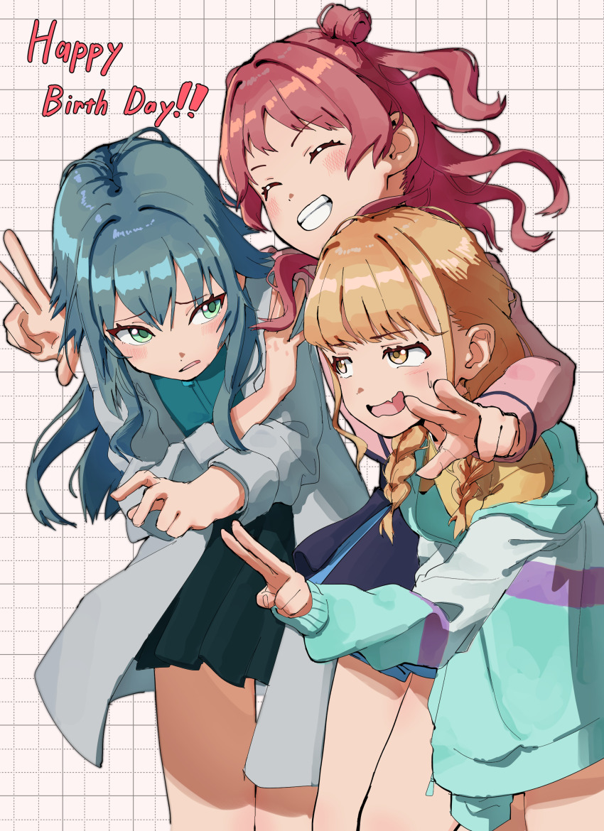 3girls, ^_^, absurdres, amohassan, bent_v, blonde_hair, blush, braid