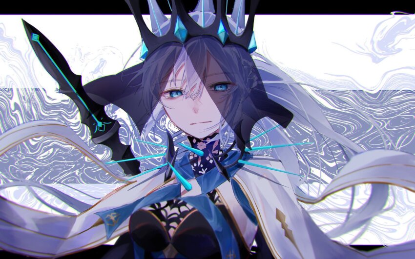 1girl, black_dress, black_veil, blue_eyes, collar, crown, dress, fate/grand_order, fate_(series), hair_between_eyes, highres, long_hair, looking_at_viewer, morgan_le_fay_(fate), solo, spiked_collar, spikes, upper_body, veil, white_hair, xiao_yue_(3332ki)