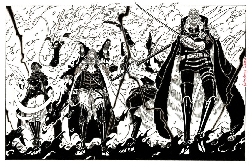 1girl, 3boys, arrow_(symbol), artist_name, ascot, beard, beard_stubble, black_gloves, black_jacket, black_panties, boots, cape, cerberus, commentary, devil_fruit_power, dragon_boy, elbow_gloves, english_commentary, epaulettes, facial_hair, figarland_shamrock, flower, glasses, gloves, goggles, goggles_on_headwear, gunko, highres, holding, holding_sword, holding_weapon, jacket, living_weapon, long_hair, mas_ricky_acong_subroto, mask, military_uniform, monochrome, mouth_mask, multiple_boys, mustache_stubble, no_pants, one_piece, panties, princess_shuri, qilin_(mythology), rimoshifu_killingham, rogatywka, rose, shepherd_sommers, short_hair, stubble, sword, thigh_boots, underwear, weapon, white_ascot, white_cape, white_gloves