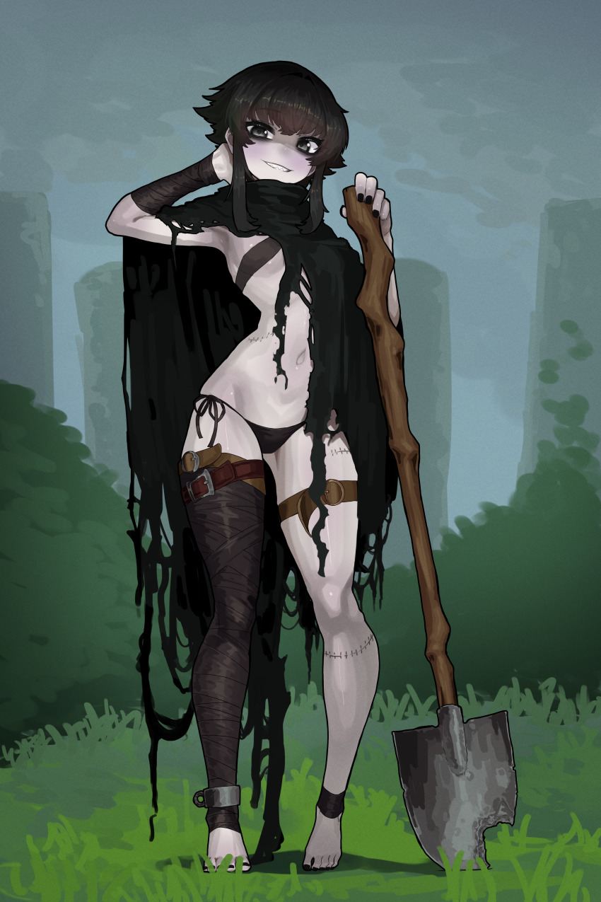 1girl, absurdres, anklet, bandaged_arm, bandaged_leg, bandages, barefoot, belt