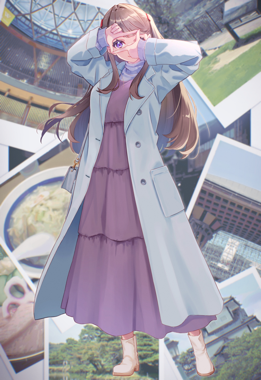 1girl, blue_coat, boots, bowl, coat, commentary_request, dress, finger_frame