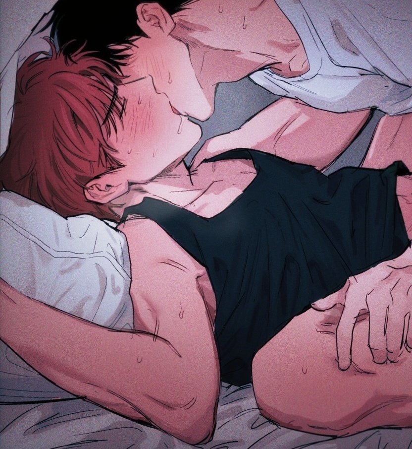 2boys, 79_(ww034518291), arm_up, bare_shoulders, black_hair, black_tank_top, blush, closed_eyes