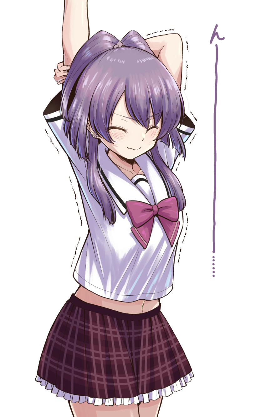 1girl, aika_himena, arms_up, bow, bowtie, closed_eyes, closed_mouth, commentary_request
