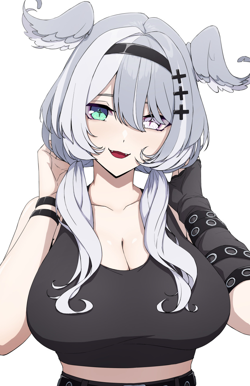 1girl, absurdres, aqua_eyes, black_hairband, black_tank_top, breasts, cleavage, commentary