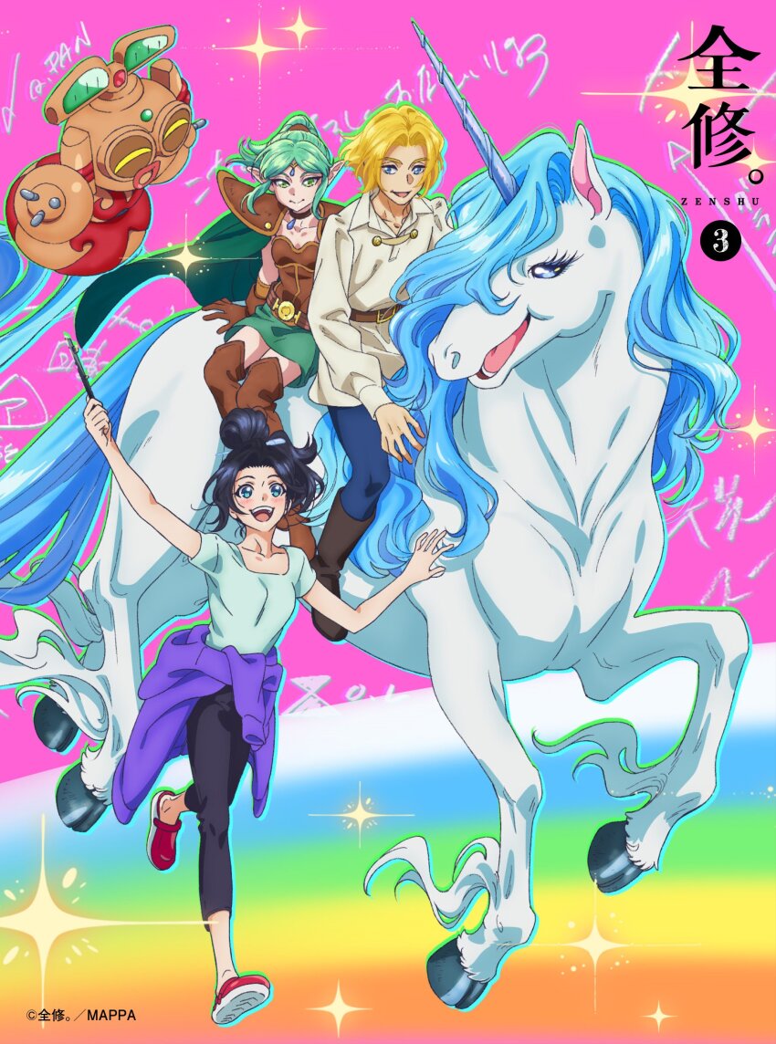 1boy, 2girls, 2others, :d, absurdres, armor, black_choker, black_hair