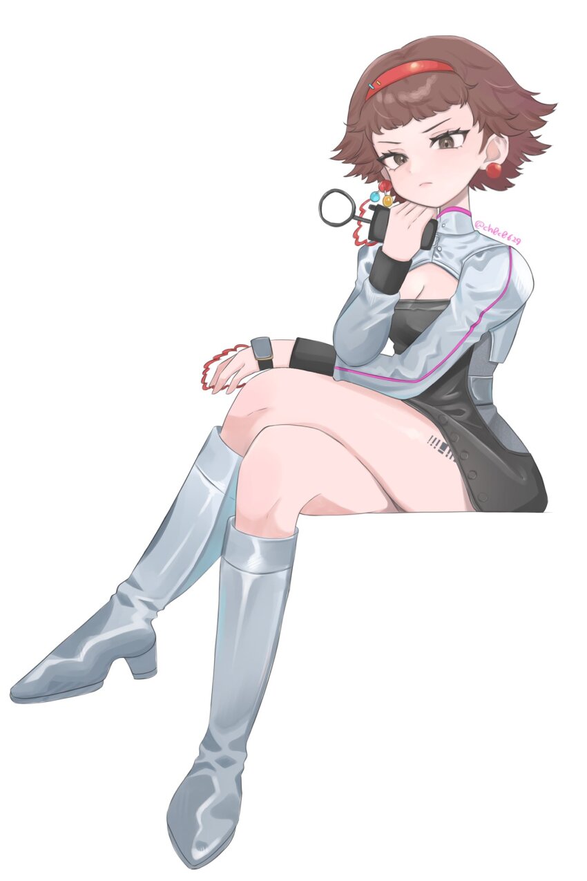 >:(, 1girl, black_dress, boots, breasts, brown_eyes, brown_hair, choko_(1839)