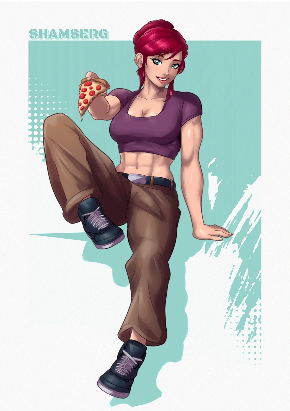 1girl, abs, april_o'neil, arm_support, breasts, cleavage, female_focus, food