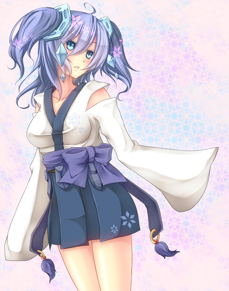 1girl, blue_eyes, blue_hair, dance_princess_of_the_ice_barrier, duel_monster, female_focus, hair_ornament, japanese_clothes